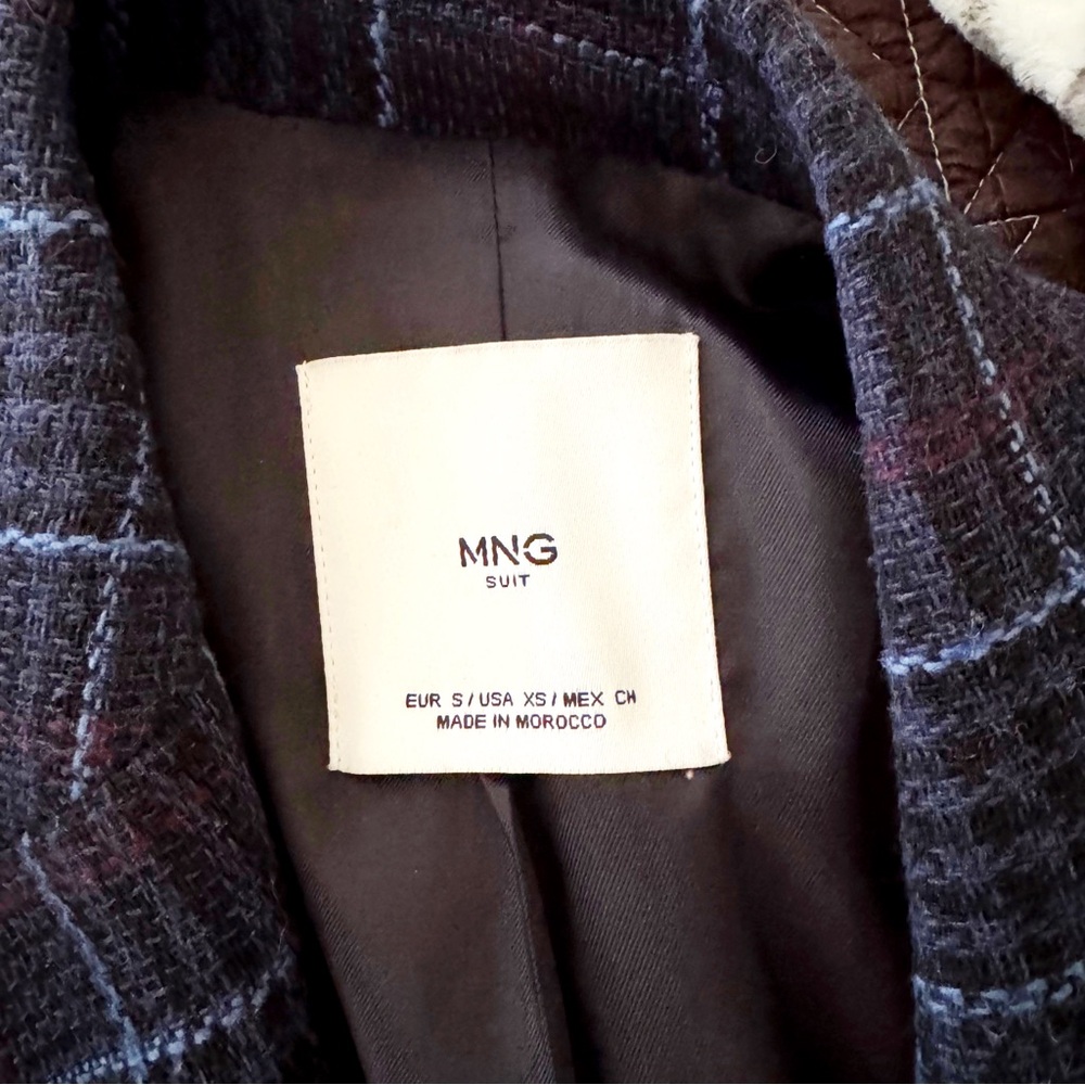 MANGO Navy Blue Plaid Double Breasted Wool Coat Lapels Wool Trench Coat Size XS - Picture 8 of 9